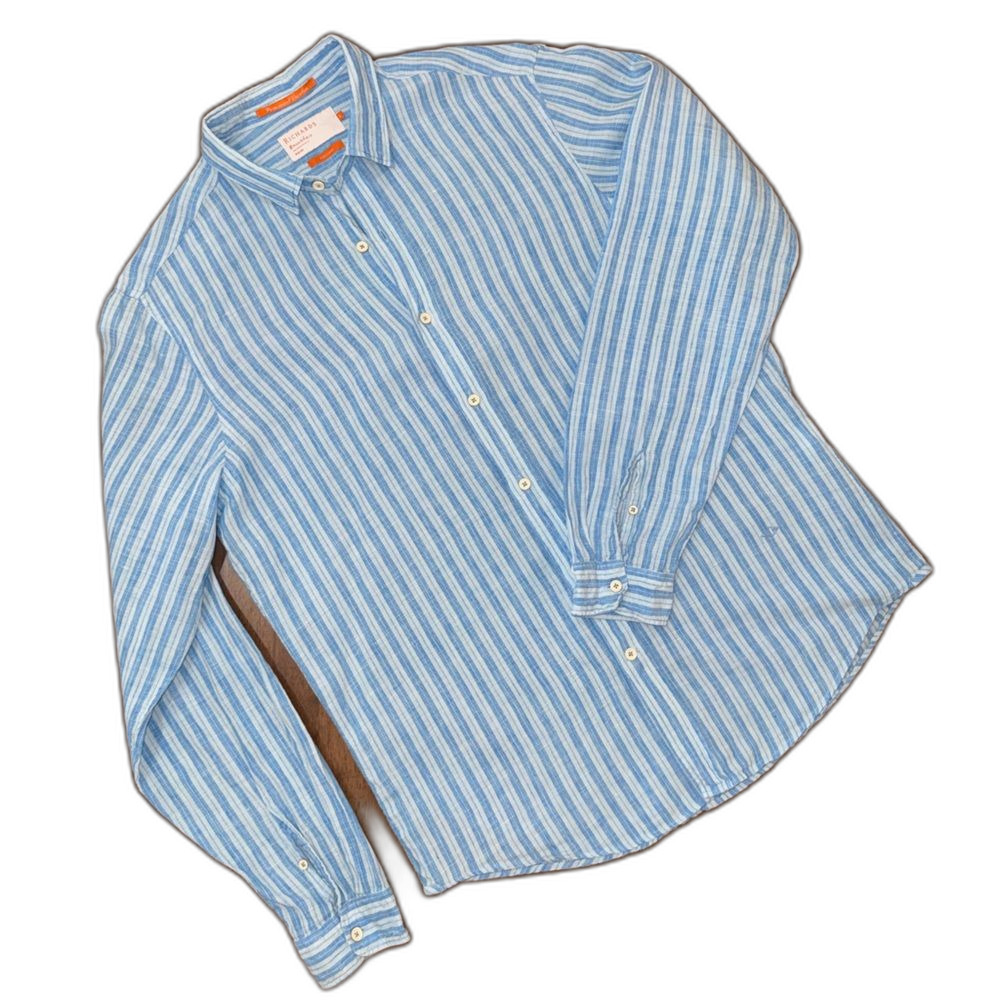 Richards Balneário Linen Button-Up Shirt Blue White Striped Mens Sz 3 M/L Brazil
